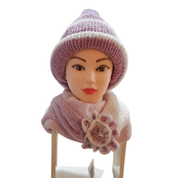 Hand Crafted 2pc Set Scaf & pom pom beanie purple crochet slauchy white striped - Picture 4 of 17